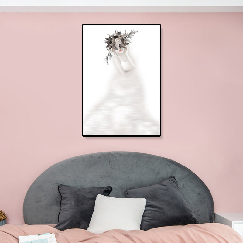 Grey Figure Portrait Wall Art Girl with Wreath Minimalist Textured Canvas Print for Bedroom