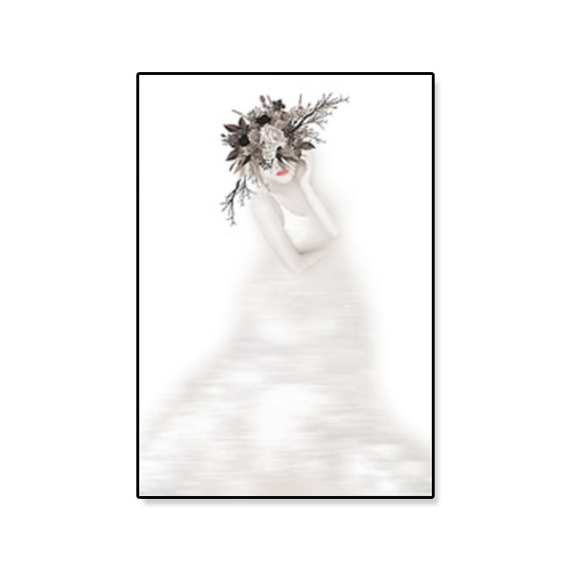 Grey Figure Portrait Wall Art Girl with Wreath Minimalist Textured Canvas Print for Bedroom