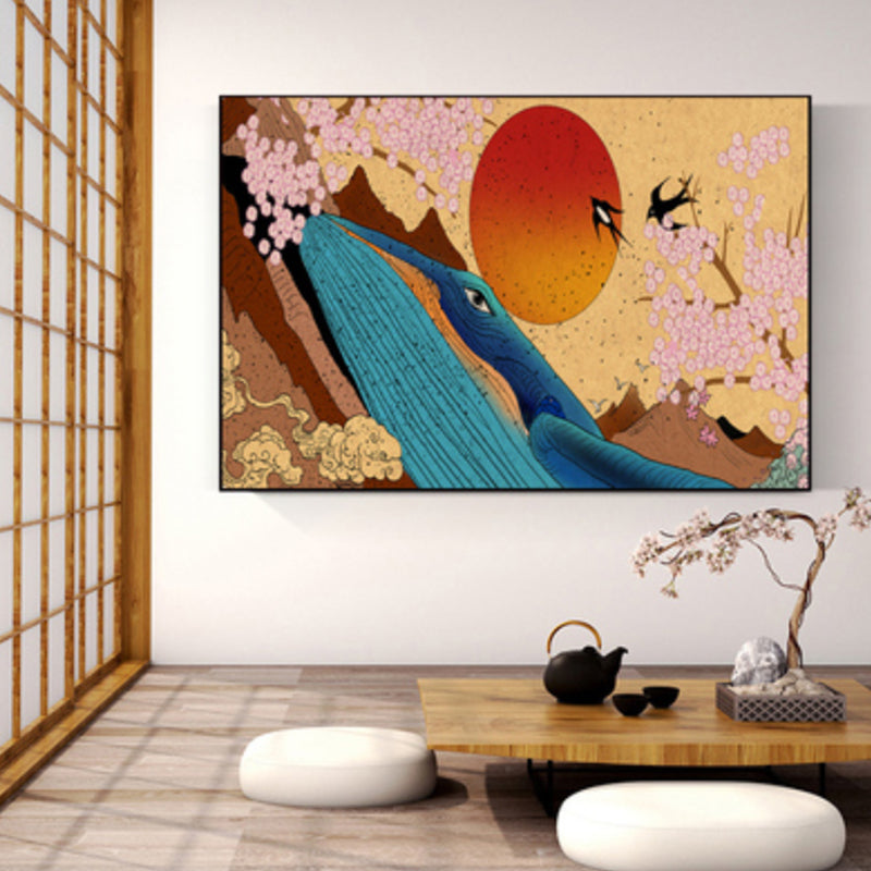 Oriental Drawing Print Animal Canvas Art Multicolored Guest Room Wall Decor, Textured