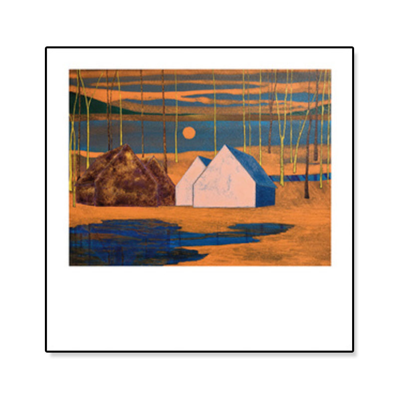 Log Cabin Canvas Wall Art Funky Beautiful Night Scenery Painting in Dark Color for Room