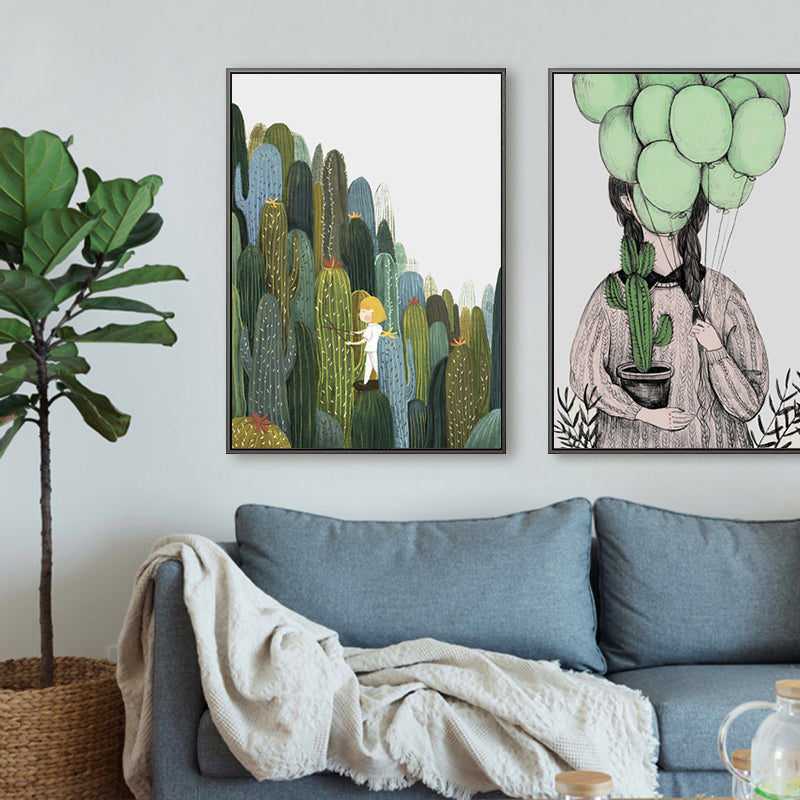 Girl and Cactus Wall Art Textured Contemporary Living Room Canvas Print in Soft Color