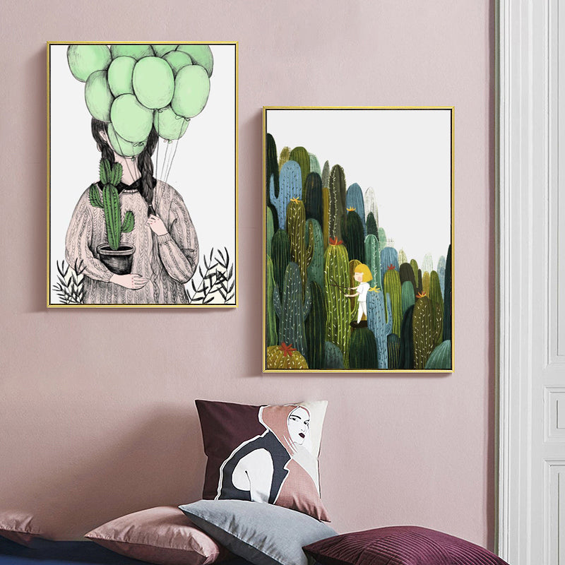 Girl and Cactus Wall Art Textured Contemporary Living Room Canvas Print in Soft Color