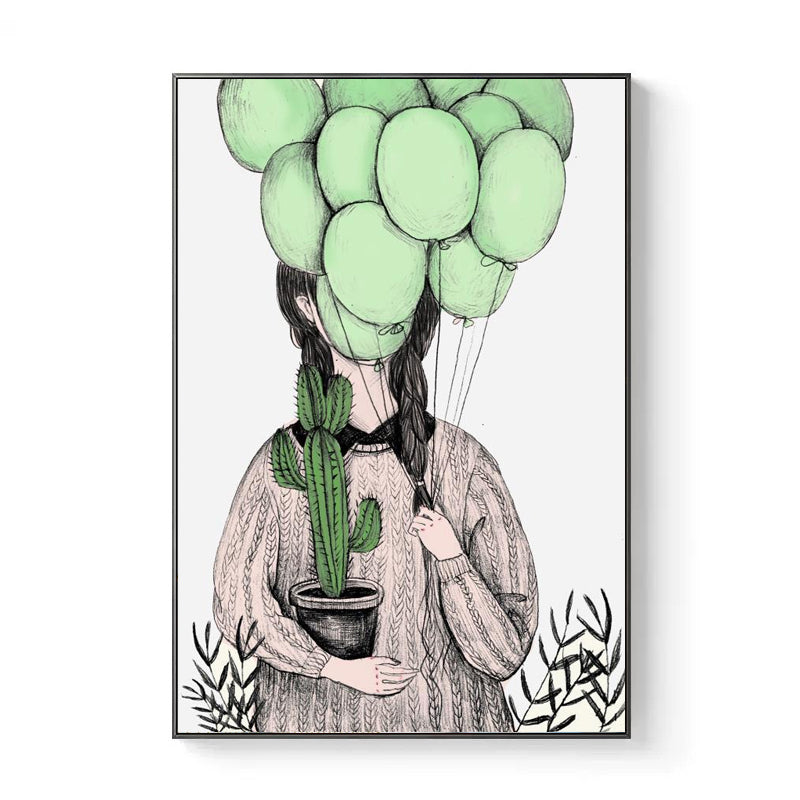 Girl and Cactus Wall Art Textured Contemporary Living Room Canvas Print in Soft Color