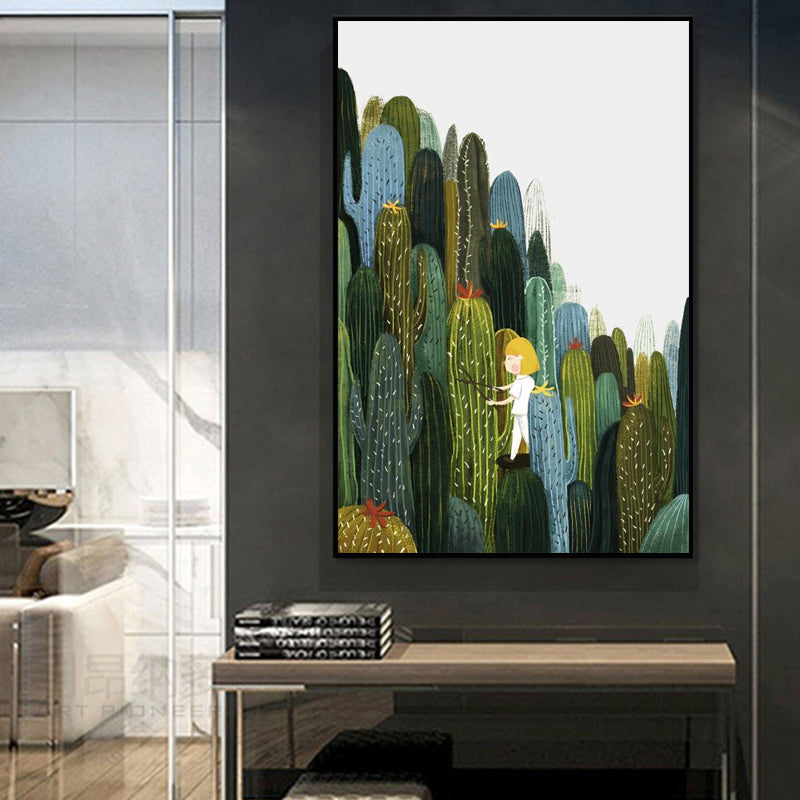 Girl and Cactus Wall Art Textured Contemporary Living Room Canvas Print in Soft Color