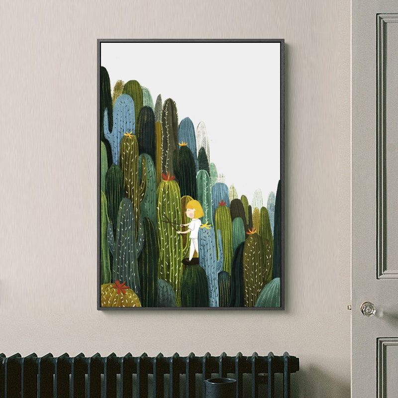 Girl and Cactus Wall Art Textured Contemporary Living Room Canvas Print in Soft Color