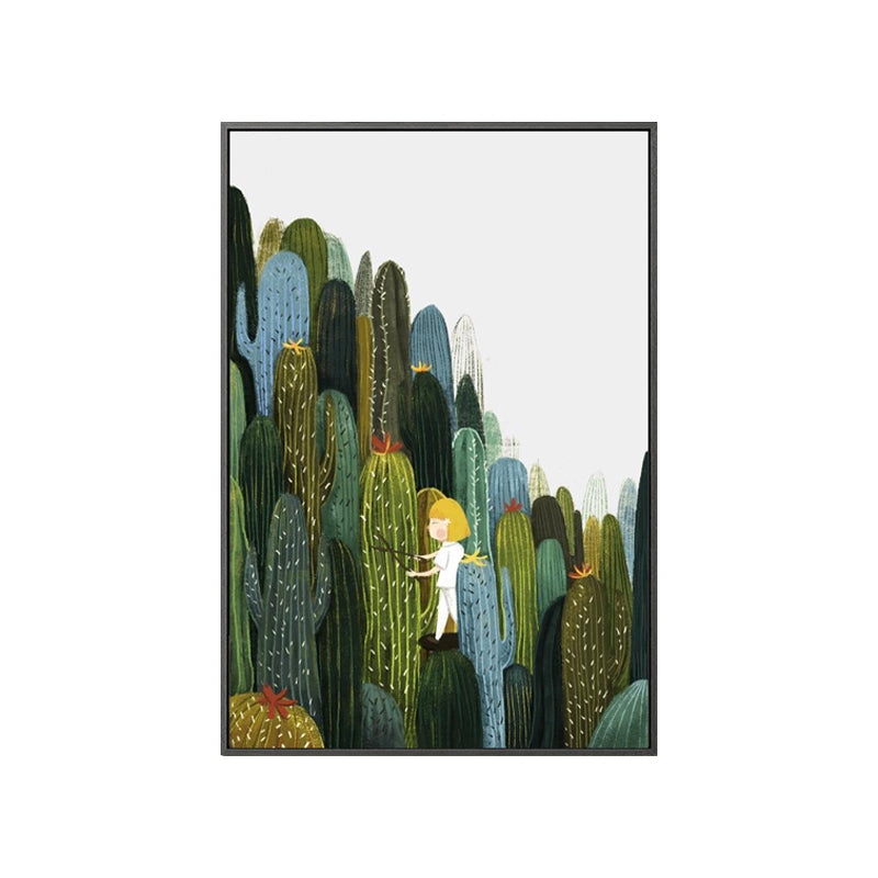 Girl and Cactus Wall Art Textured Contemporary Living Room Canvas Print in Soft Color