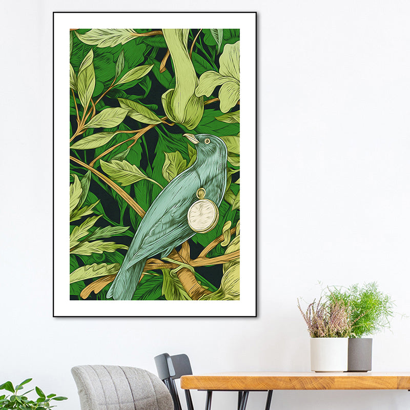 Green Childrens Art Wall Decor Illustration Bird and Flower Canvas Print for Dining Room