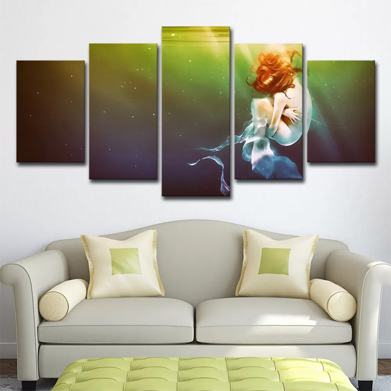 Fantasy Unconscious Mermaid Painting Green Multi-Piece Wall Art Print for Living Room