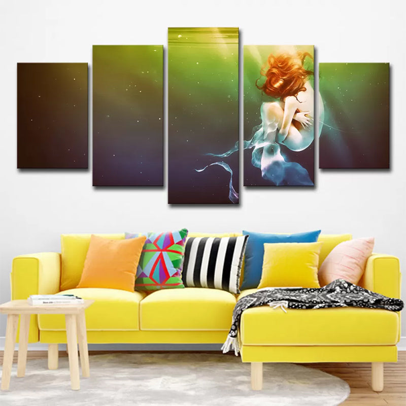 Fantasy Unconscious Mermaid Painting Green Multi-Piece Wall Art Print for Living Room