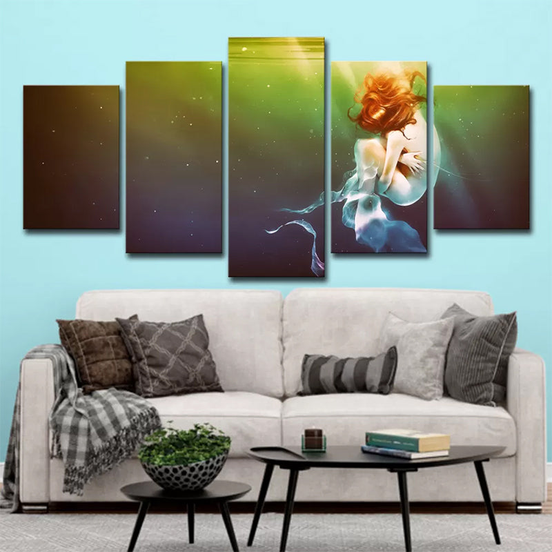 Fantasy Unconscious Mermaid Painting Green Multi-Piece Wall Art Print for Living Room