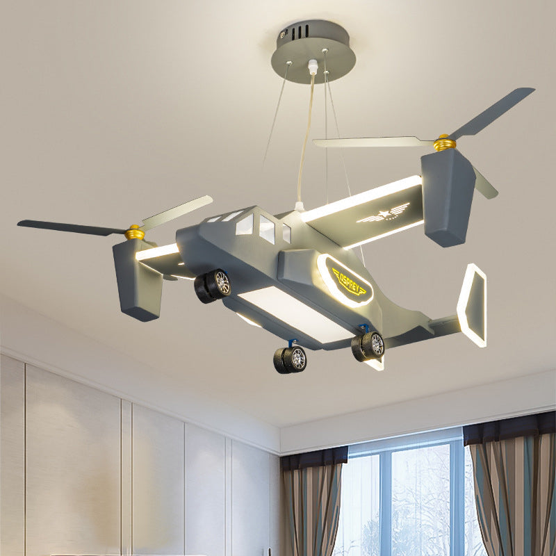 Helicopter Figure Chandelier Lighting Cartoon Style Metal LED Boy Room Ceiling Pendant Light in Grey