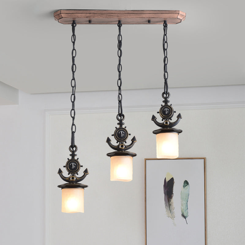 Black Cylinder Suspension Lamp Creative 3 Lights Opaque Glass Multi Pendant with Anchor Chain, Linear/Round Canopy