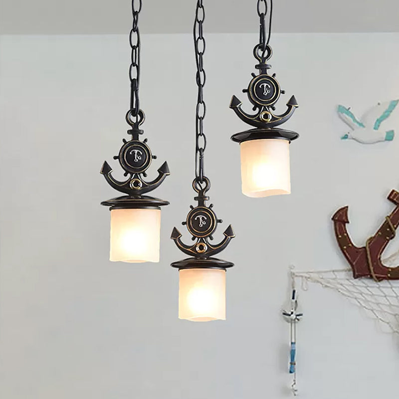 Black Cylinder Suspension Lamp Creative 3 Lights Opaque Glass Multi Pendant with Anchor Chain, Linear/Round Canopy