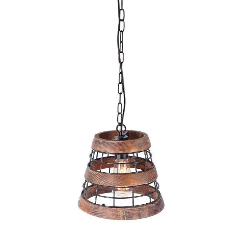 Colgante de cocina cónica de metal rural 1 cabeza de madera oscura accesorio de iluminación suspendida con protector de alambre