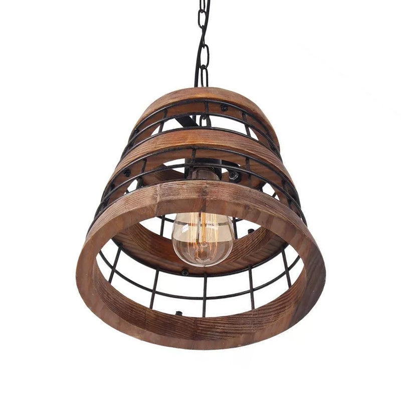 Colgante de cocina cónica de metal rural 1 cabeza de madera oscura accesorio de iluminación suspendida con protector de alambre