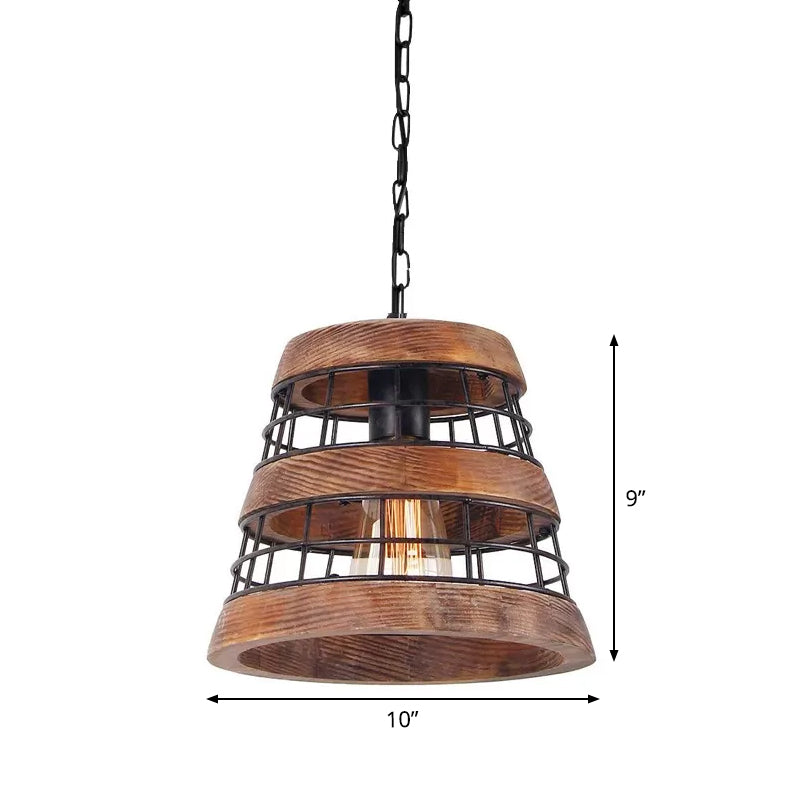Colgante de cocina cónica de metal rural 1 cabeza de madera oscura accesorio de iluminación suspendida con protector de alambre