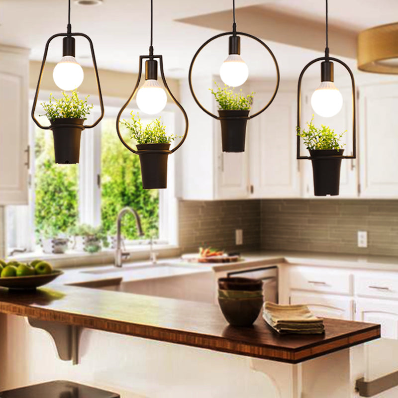 4 Lights Geometric Cluster Pendant Industrial Black Metal LED Plant Ceiling Hang Fixture for Kitchen