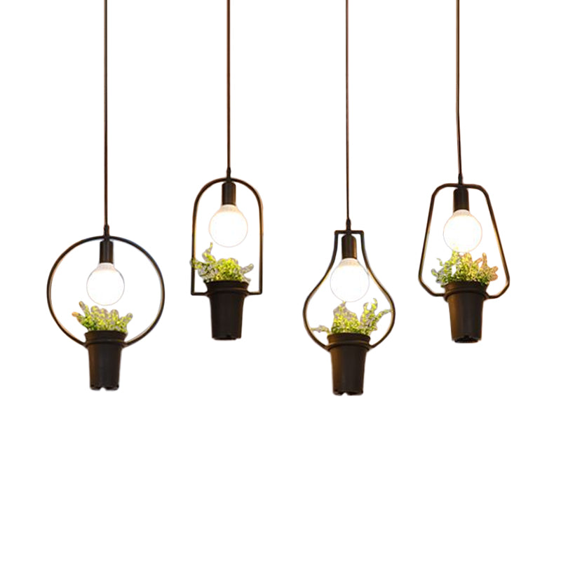 4 Lights Geometric Cluster Pendant Industrial Black Metal LED Plant Ceiling Hang Fixture for Kitchen