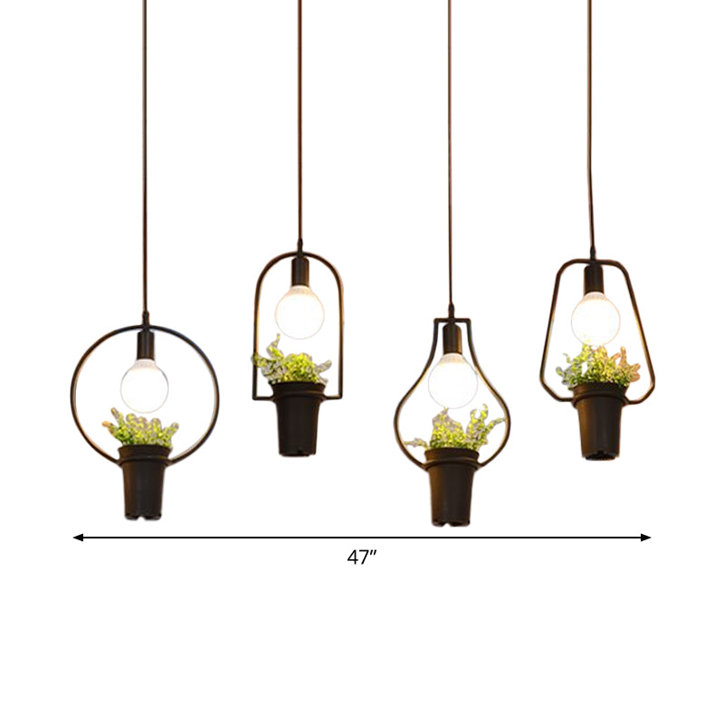 4 Lights Geometric Cluster Pendant Industrial Black Metal LED Plant Ceiling Hang Fixture for Kitchen