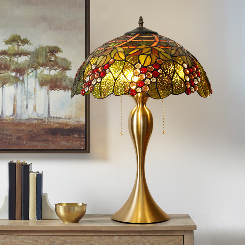 Handcrafted Art Glass Dome Table Lamp Victorian 1 Head Brass Nightstand Light with Grape Deco