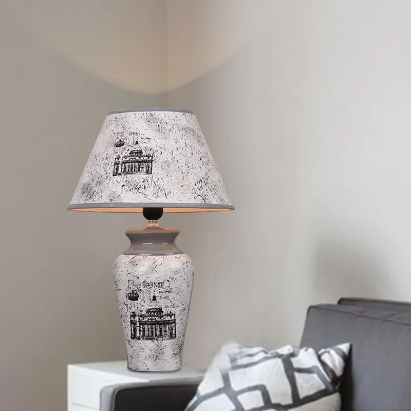 Grey Vase Nightstand Light Simplicity 1-Bulb Porcelain Desk Lamp with Conic Paper Shade