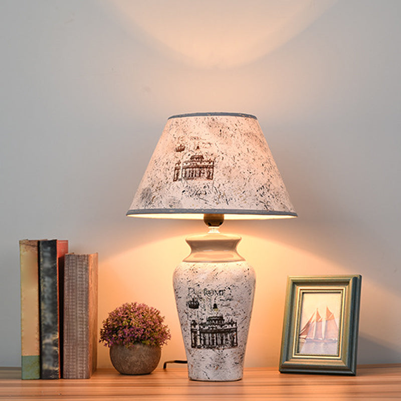 Grey Vase Nightstand Light Simplicity 1-Bulb Porcelain Desk Lamp with Conic Paper Shade