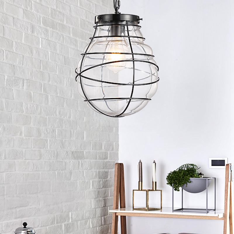 Industrial Style Wire Frame Ceiling Fixture 8.5"/9"/11" W 1 Light Clear Glass and Metal Pendant Lamp in Black