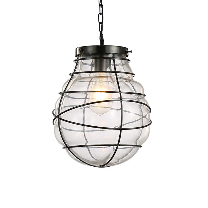 Industrial Style Wire Frame Ceiling Fixture 8.5"/9"/11" W 1 Light Clear Glass and Metal Pendant Lamp in Black