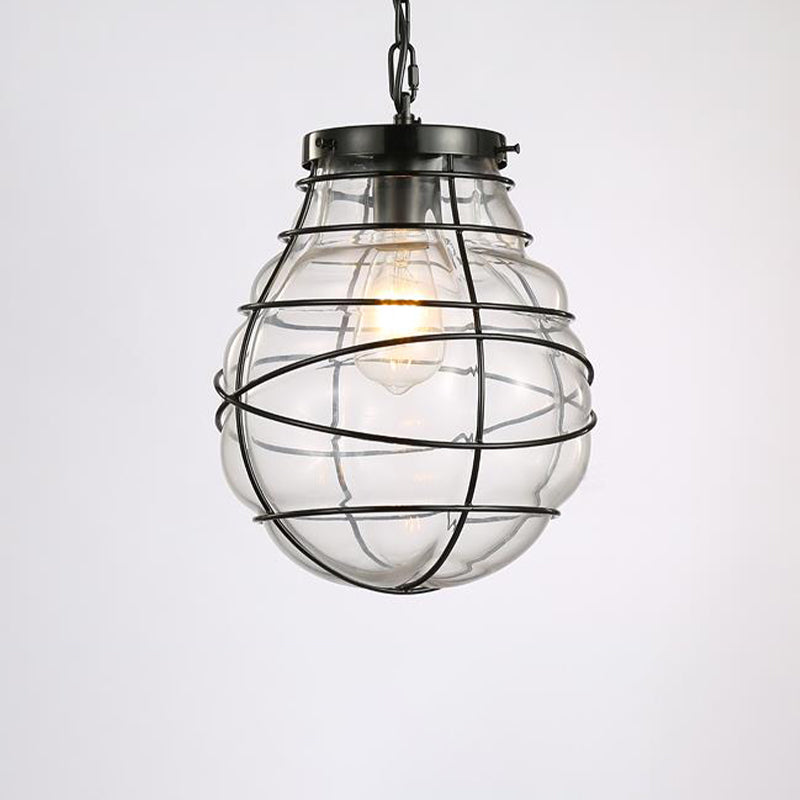 Industrial Style Wire Frame Ceiling Fixture 8.5"/9"/11" W 1 Light Clear Glass and Metal Pendant Lamp in Black