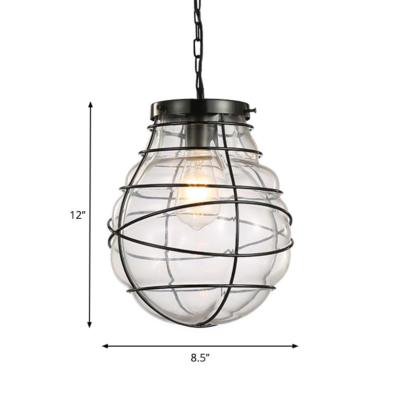 Industrial Style Wire Frame Ceiling Fixture 8.5"/9"/11" W 1 Light Clear Glass and Metal Pendant Lamp in Black