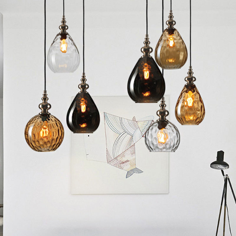 1 Bulb Raindrop Ceiling Hang Light Vintage Amber/Clear Water/Smoke Grey Glass Pendant Lamp with Gooseneck Arm