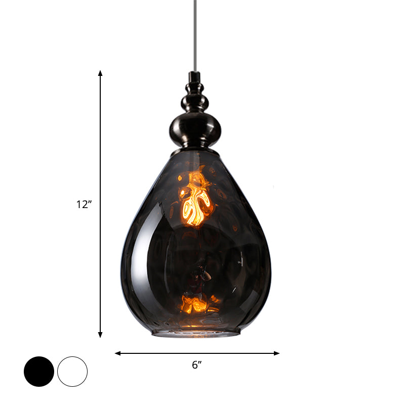 1 Bulb Raindrop Ceiling Hang Light Vintage Amber/Clear Water/Smoke Grey Glass Pendant Lamp with Gooseneck Arm