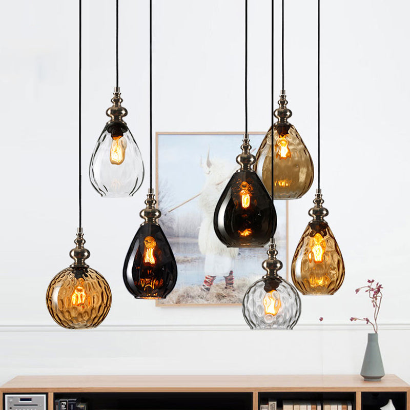 1 Bulb Raindrop Ceiling Hang Light Vintage Amber/Clear Water/Smoke Grey Glass Pendant Lamp with Gooseneck Arm