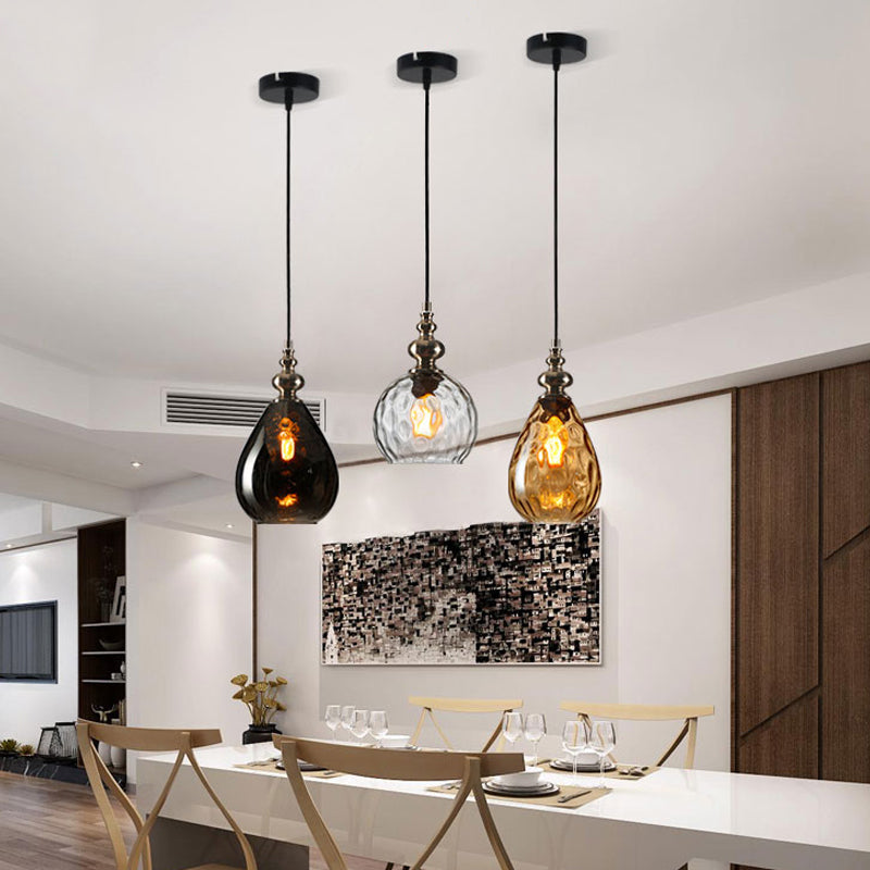 1 Bulb Raindrop Ceiling Hang Light Vintage Amber/Clear Water/Smoke Grey Glass Pendant Lamp with Gooseneck Arm