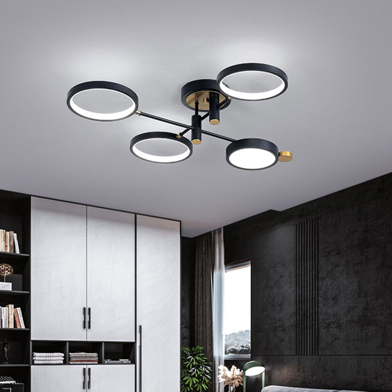 Circular Metal Close to Ceiling Light Modern 4 Heads Black/Gold LED Semi Mount Lighting in Warm/White/3 Color Light