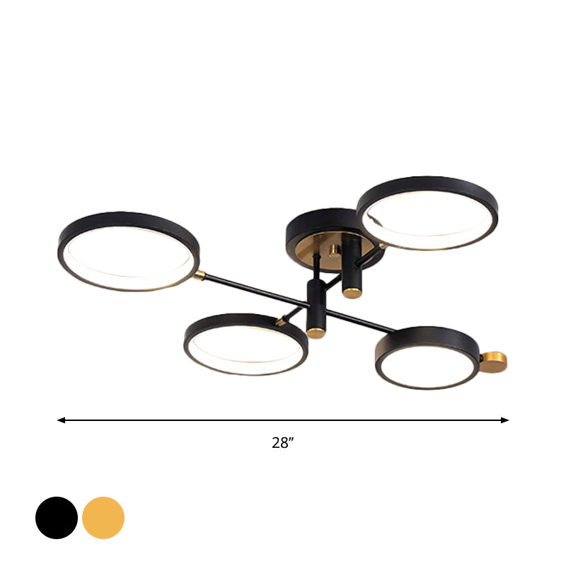 Circular Metal Close to Ceiling Light Modern 4 Heads Black/Gold LED Semi Mount Lighting in Warm/White/3 Color Light