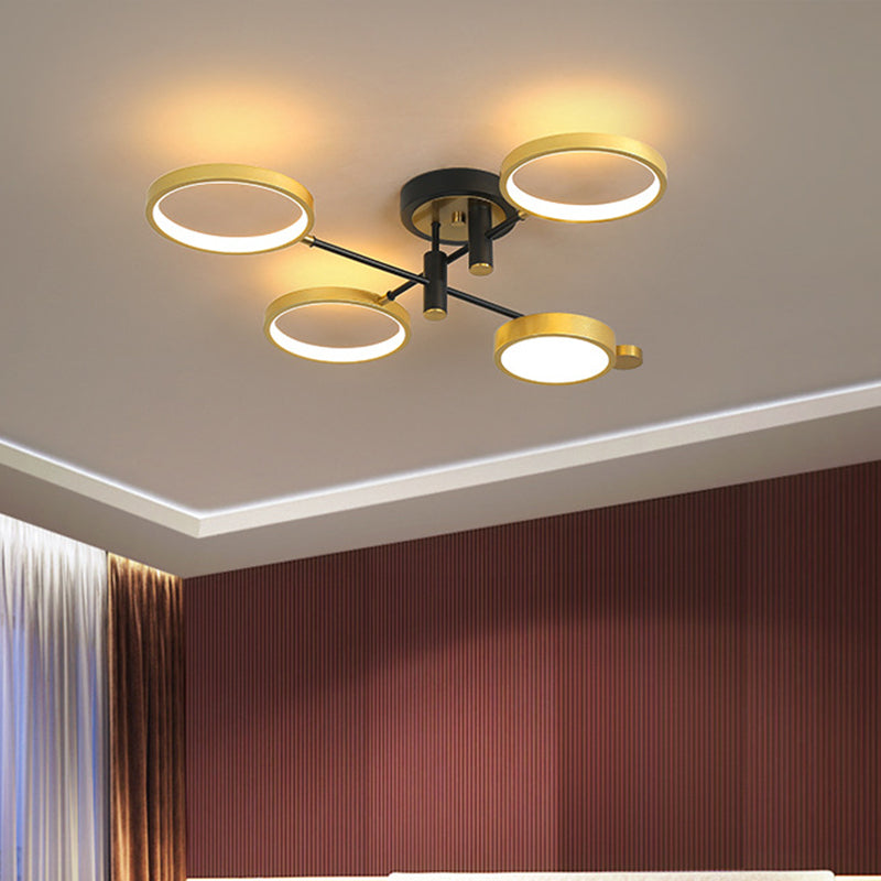 Circular Metal Close to Ceiling Light Modern 4 Heads Black/Gold LED Semi Mount Lighting in Warm/White/3 Color Light