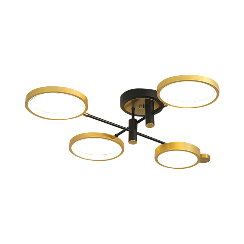 Circular Metal Close to Ceiling Light Modern 4 Heads Black/Gold LED Semi Mount Lighting in Warm/White/3 Color Light