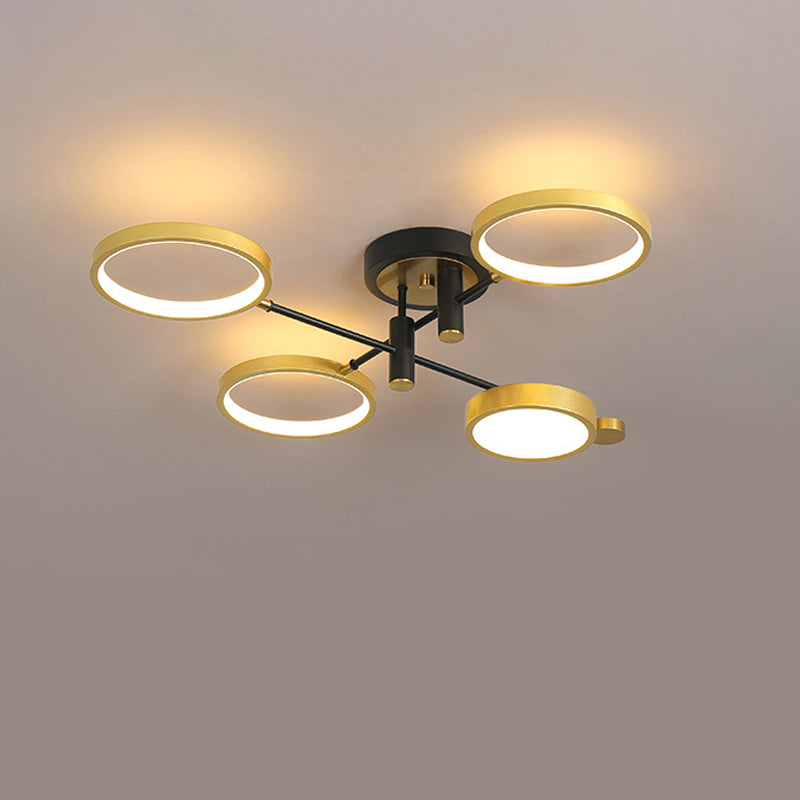 Circular Metal Close to Ceiling Light Modern 4 Heads Black/Gold LED Semi Mount Lighting in Warm/White/3 Color Light