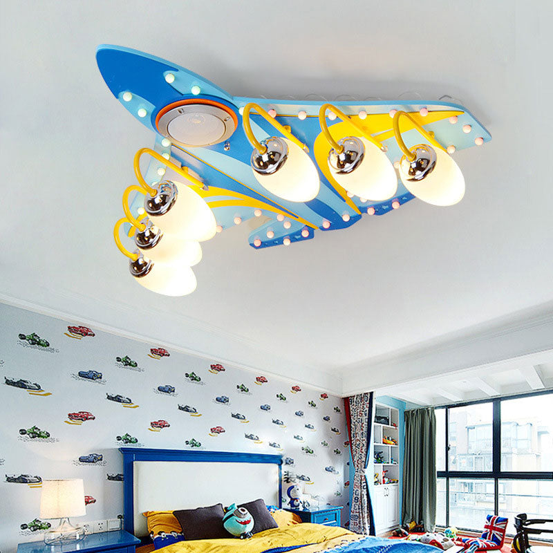 Contemporary Blue Flush Ceiling Light Fighter Plane 6 Lights Wood Ceiling Lamp for Nursing Room