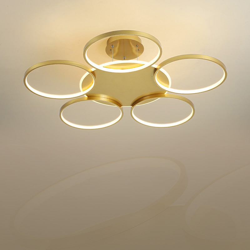 Gold Halo Ring Semi Flush Chandelier Modern 3/5/6-Light Metal Ceiling Mounted Lamp in Warm/White Light