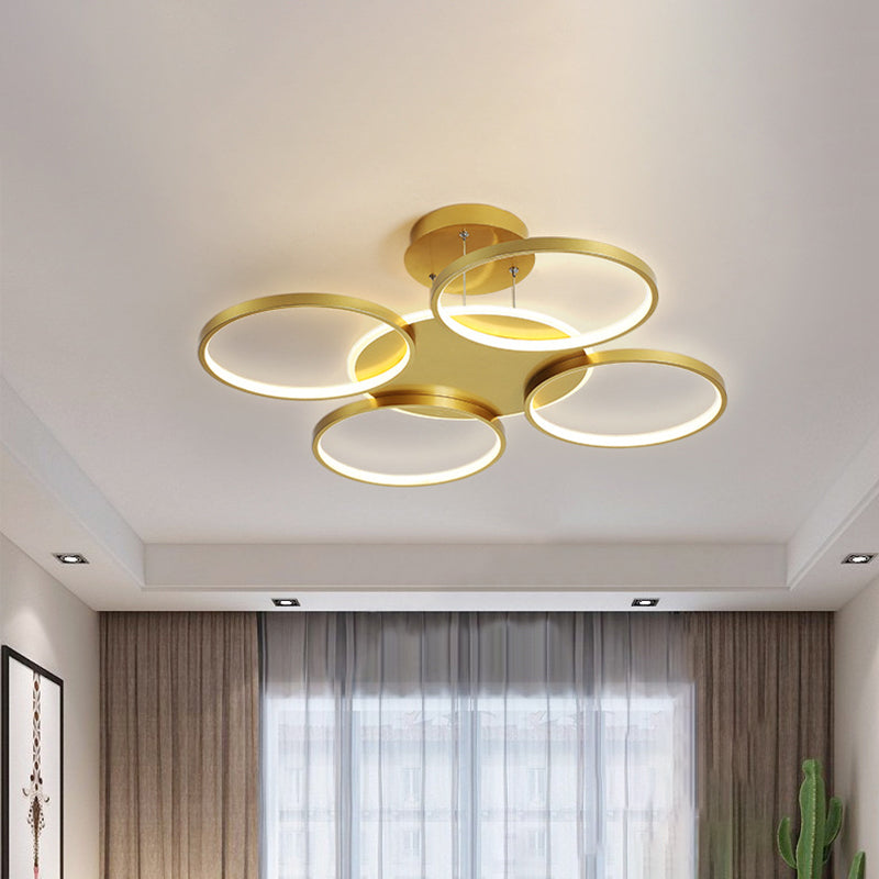 Gold Halo Ring Semi Flush Chandelier Modern 3/5/6-Light Metal Ceiling Mounted Lamp in Warm/White Light