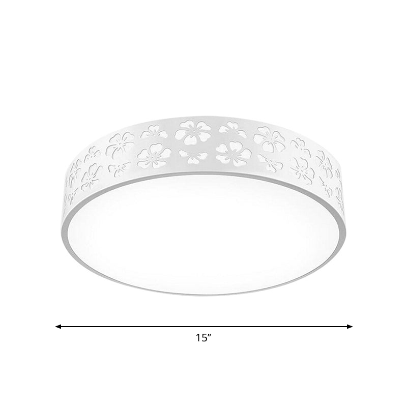 15"/19" Wide Drum Metal Ceiling Lamp Modern White LED Flush Mounted Light with Cutout Flower, White/3 Color Light