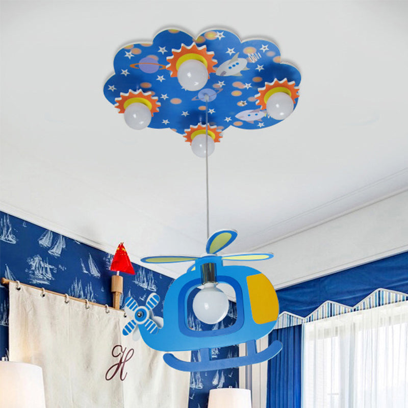 Wood Cloud Ceiling Light with Helicopter Child Bedroom 5 Lights Cartoon Flush Mount Light in Blue