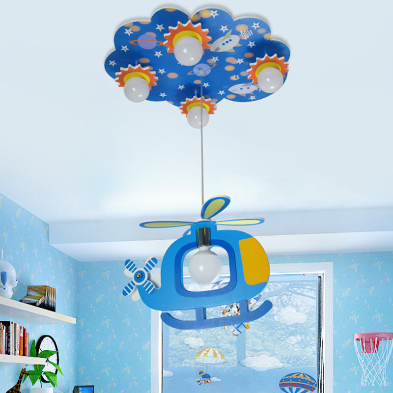 Wood Cloud Ceiling Light with Helicopter Child Bedroom 5 Lights Cartoon Flush Mount Light in Blue