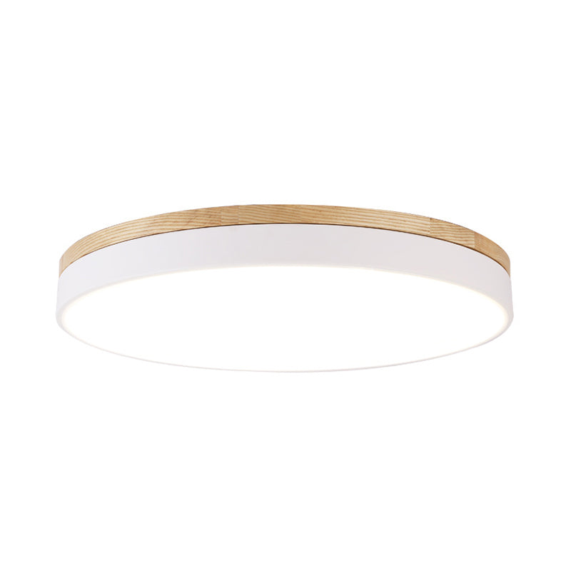 White Round Ceiling Light Fixture Minimalism LED Acrylic Flushmount with Wood Canopy, 12"/16"/19.5" W