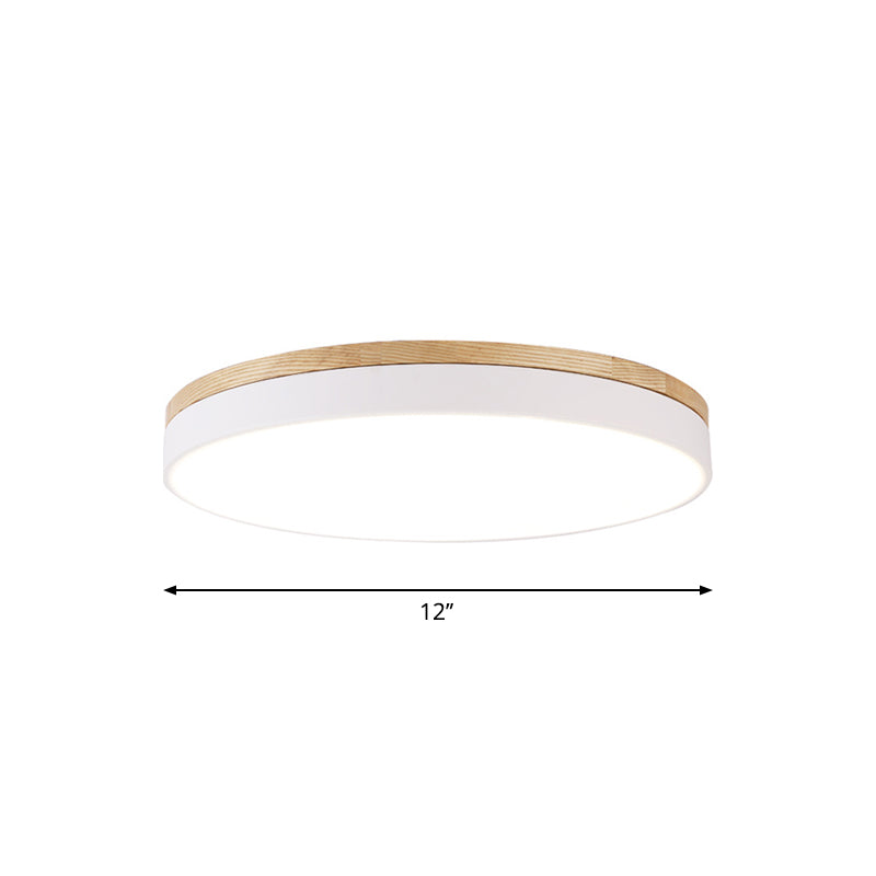 White Round Ceiling Light Fixture Minimalism LED Acrylic Flushmount with Wood Canopy, 12"/16"/19.5" W