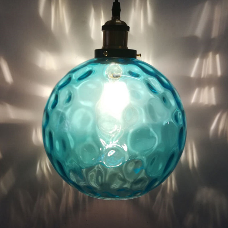 Blue Rippled Glass Ball Hanging Light Modern 1 Light 8"/10"/12" W Brass Ceiling Suspension Lamp