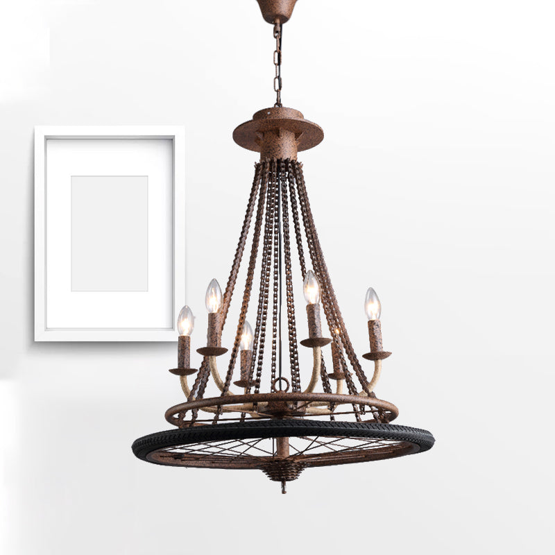 Rust Finish Wheel Chandelier Light Farmhouse Style Wrought Iron 6 Lights Indoor Ceiling Lamp with Candle and Chain