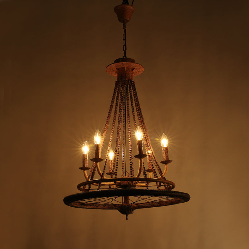 Rust Finish Wheel Chandelier Light Farmhouse Style Wrought Iron 6 Lights Indoor Ceiling Lamp with Candle and Chain